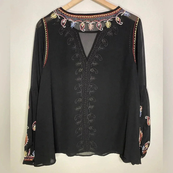 Love Sam Embroidered Peasant Top Black Sheer M boho feminine 70s Anthropology - Picture 9 of 12